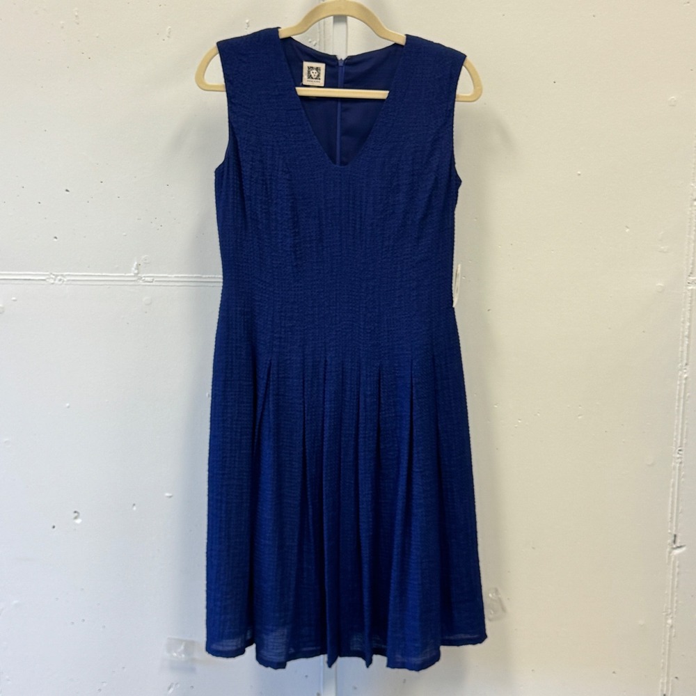 NWT Anne Klein Ultramarine Blue Textured V-Neck Pleated Fit & Flare Dress Size 2